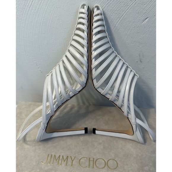 Jimmy Choo Thu 85 White Nappa Leather Sling Back Heels with Horizontal Straps - Picture 8 of 16